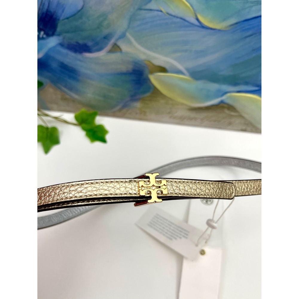 Tory Burch Metallic Reversible Logo Belt 1/2 Waist Gold Silver Leather Small NWT